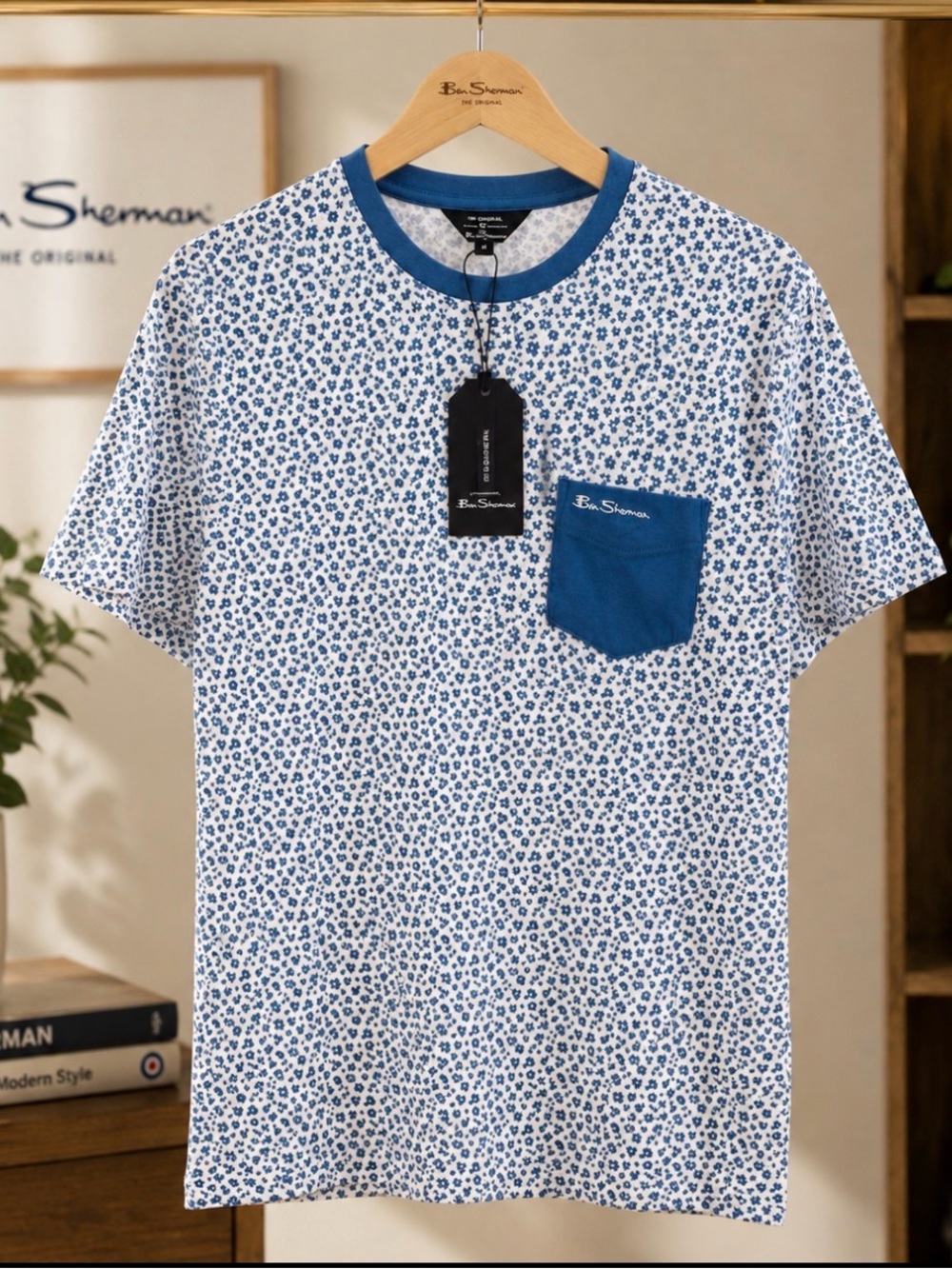 Ben Sherman White T-Shirt with Blue Floral Print and Blue Pocket